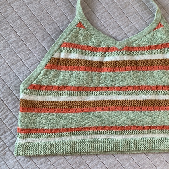 Rvca Y2K Ashley Smith Green and orange striped crochet knit halter crop top L - Picture 2 of 8